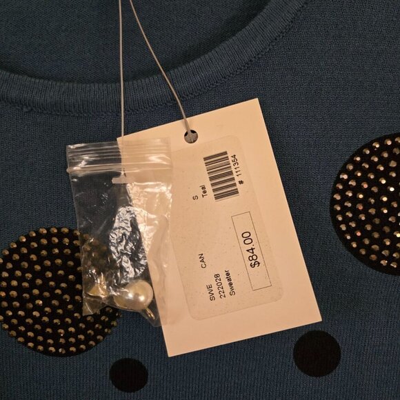 Carre Noir NWT Art To Wear Rhinestone Pearl Teal Polka Dot Sweater Size S - Picture 5 of 8